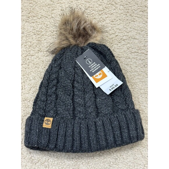 NWT Timberland Women`s Cable Knit Cuff  Fleece Lined Pom Pom Gray Hat Beanie - Picture 1 of 6